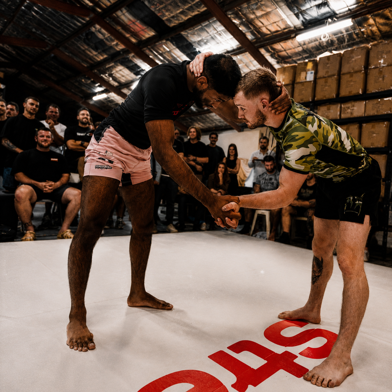 Two grapplers shaking hands before a superfight