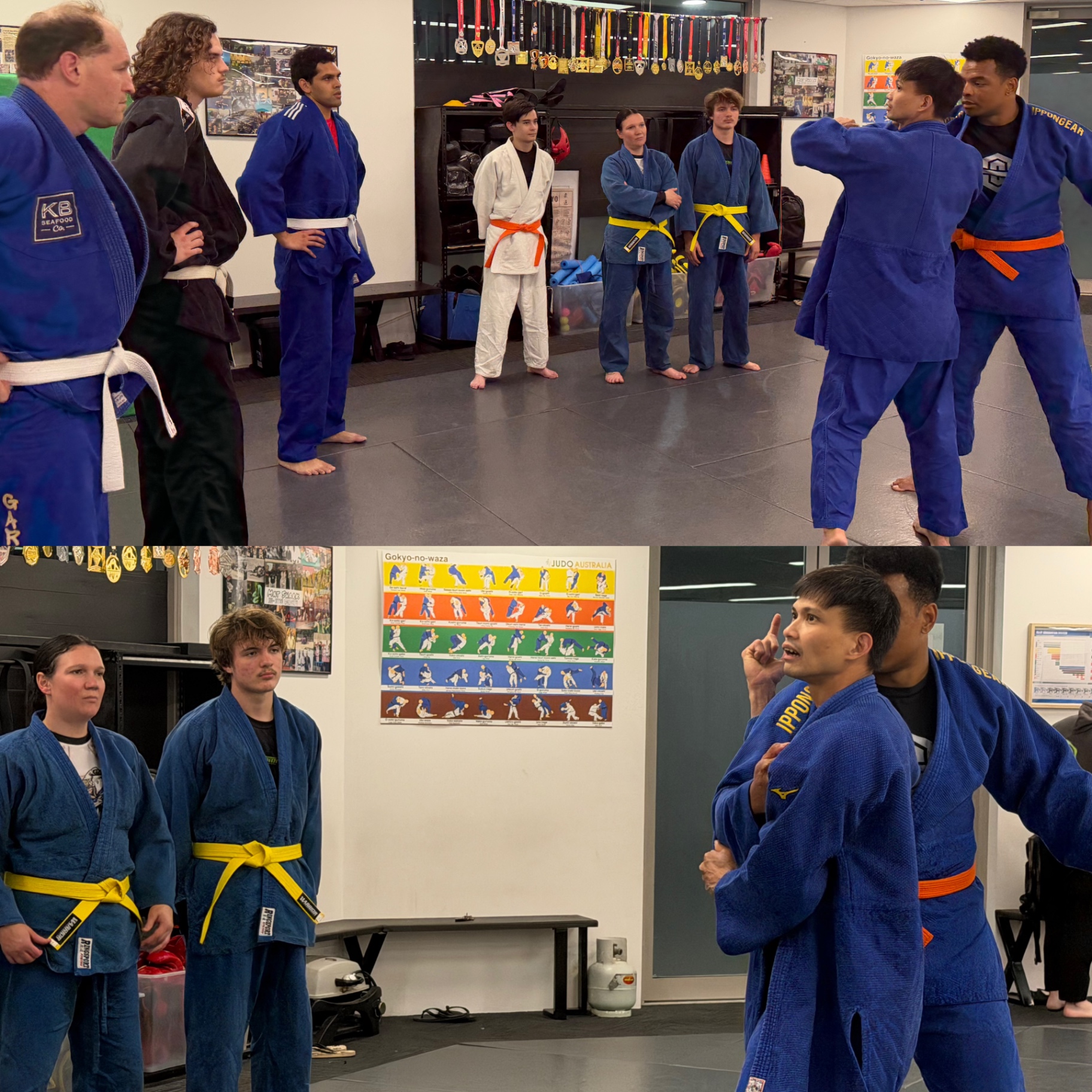 Judo students listening and drilling grips in class at Mat Shark